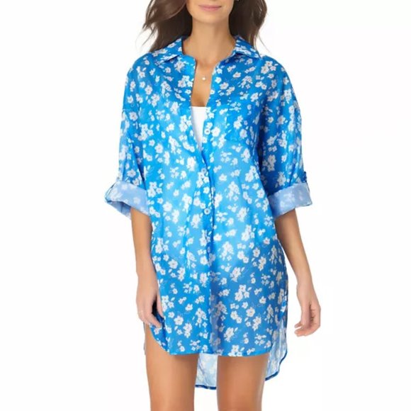Anne Cole Floral-Print Boyfriend Shirt Cover-Up
